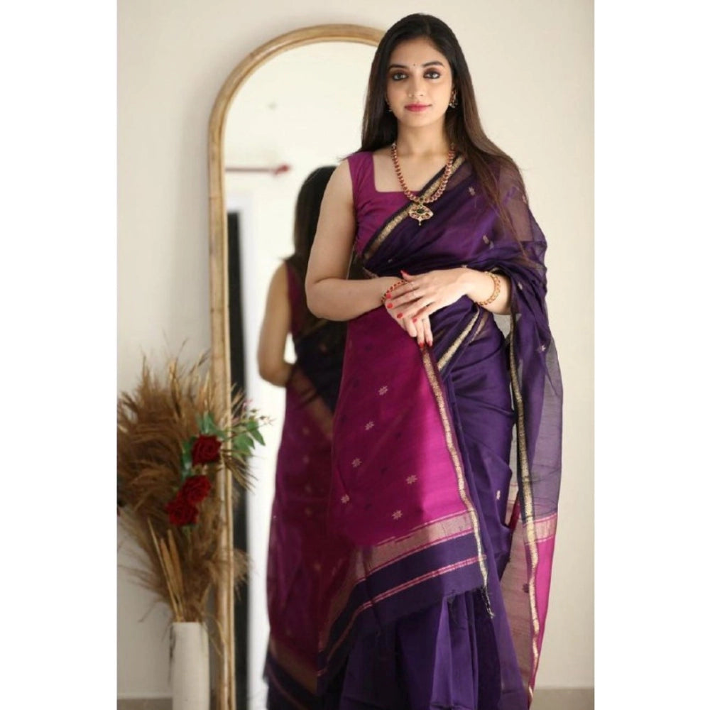 Women's Cotton Printed Saree With Unstitched Blouse 5.5Mtr (Navy Blue)
