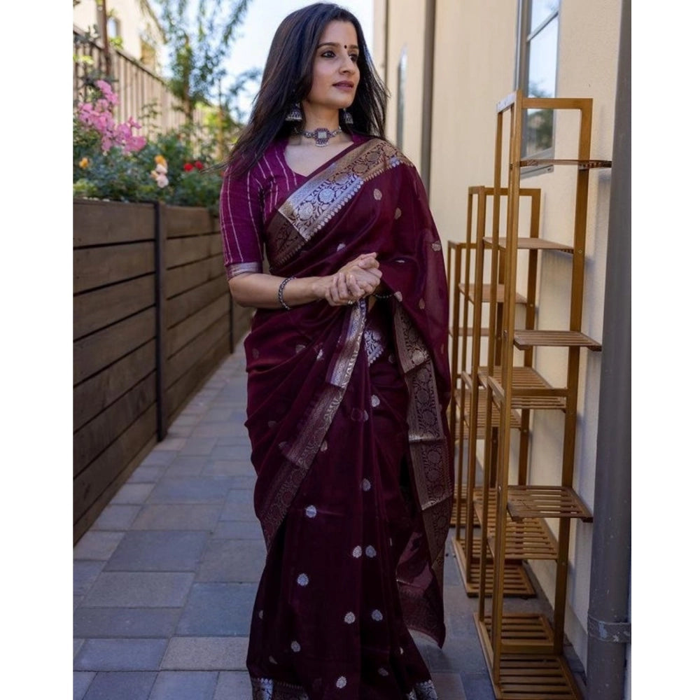 Women's Cotton Printed Saree With Unstitched Blouse 5.5Mtr (Maroon)