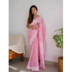 Women's Cotton Printed Saree With Unstitched Blouse 5.5Mtr (Pink)