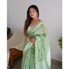 Women's Cotton Printed Saree With Unstitched Blouse 5.5Mtr (Pista)