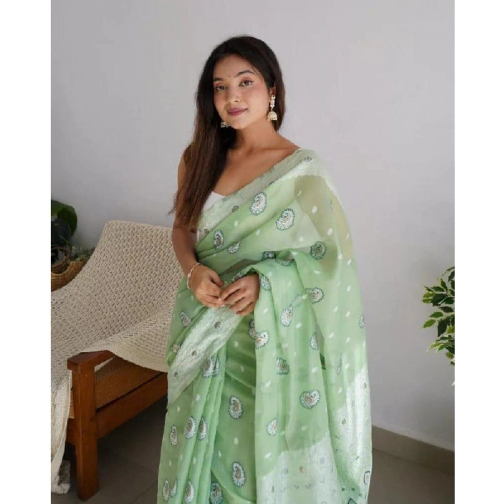 Women's Cotton Printed Saree With Unstitched Blouse 5.5Mtr (Pista)