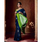 Women's Silk Printed Saree With Unstitched Blouse 5.5Mtr (Navy Blue)
