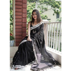 Women's Cotton Printed Saree With Unstitched Blouse 5.5Mtr (Black)