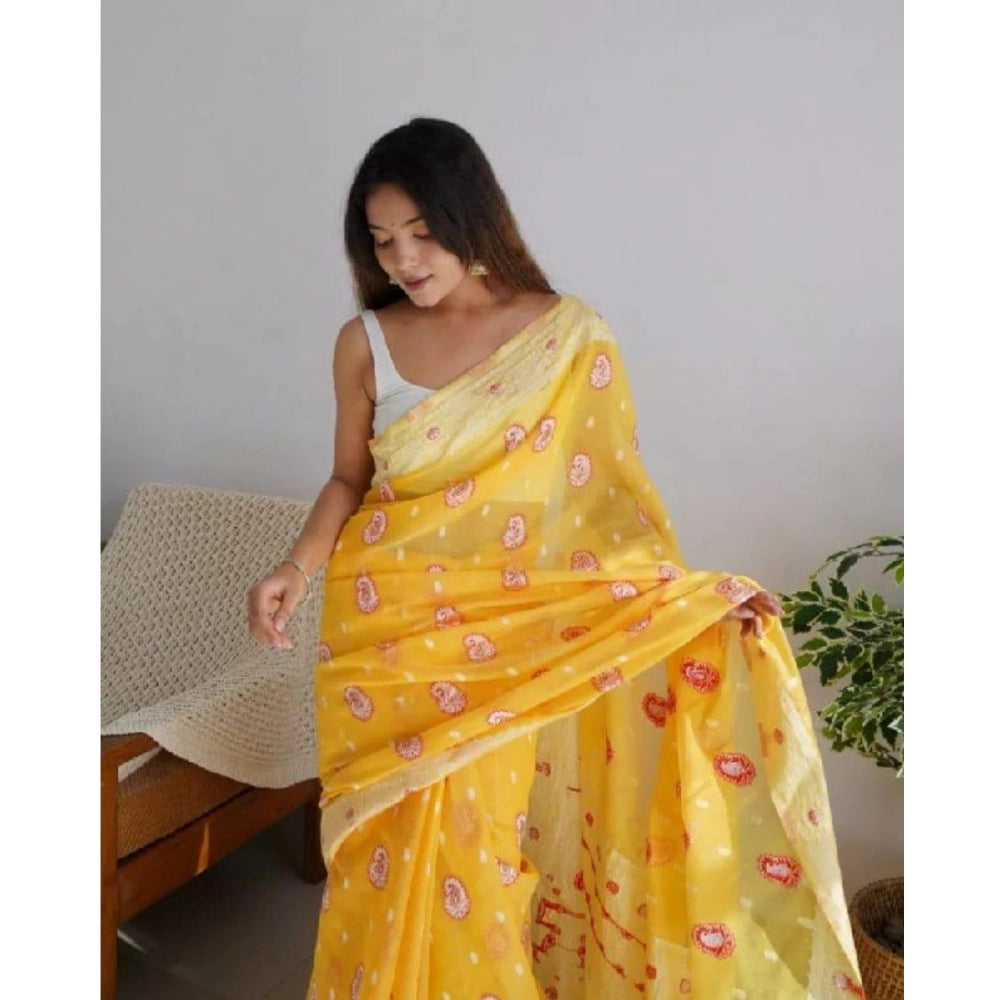Women's Cotton Printed Saree With Unstitched Blouse 5.5Mtr (Yellow)