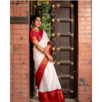 Women's Silk Printed Saree With Unstitched Blouse 5.5Mtr (White)
