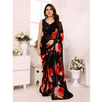 Women's Small Lace Georgette Printed Ready-to-Wear Saree With Unstitched Blouse 5.5 Mtr (Black-Red)