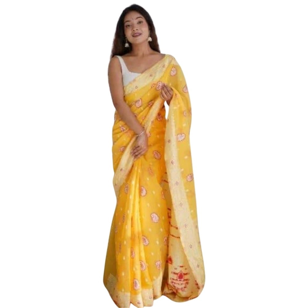 Women's Cotton Printed Saree With Unstitched Blouse 5.5Mtr (Yellow)