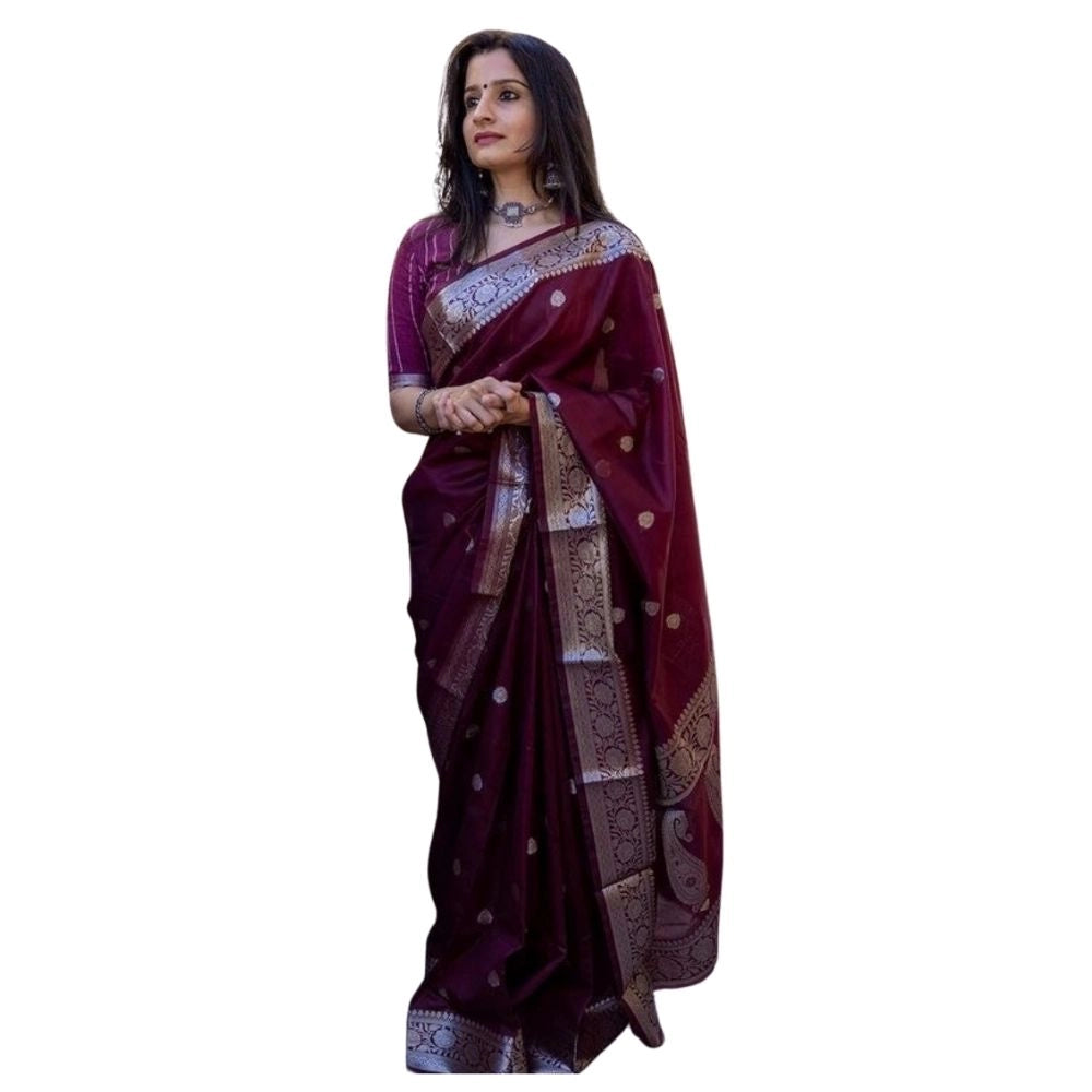 Women's Cotton Printed Saree With Unstitched Blouse 5.5Mtr (Maroon)