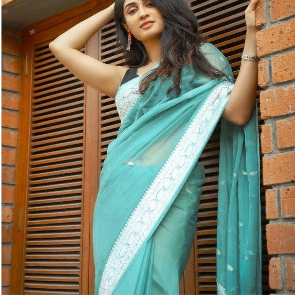 Women's Cotton Printed Saree With Unstitched Blouse 5.5Mtr (Sky Blue)