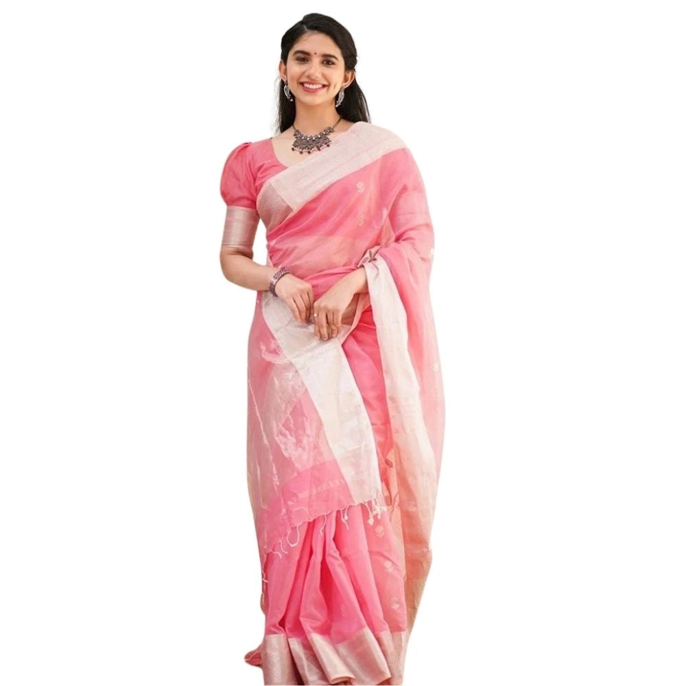 Women's Cotton Printed Saree With Unstitched Blouse 5.5Mtr (Pink)