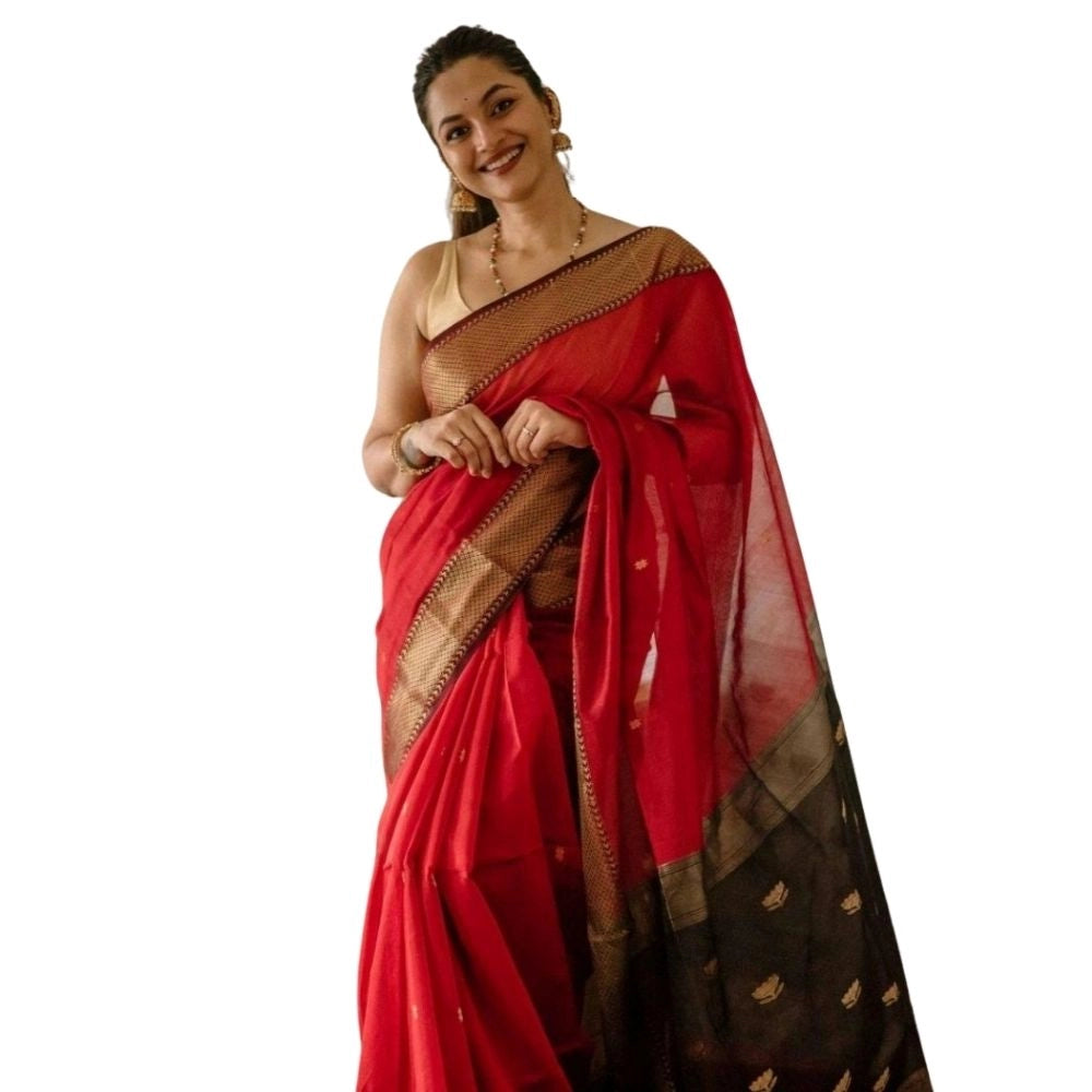 Women's Cotton Printed Saree With Unstitched Blouse 5.5Mtr (Red)