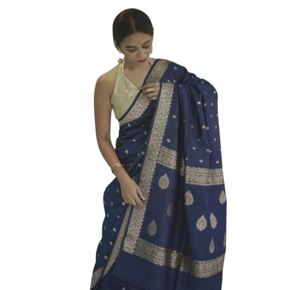 Women's Cotton Printed Saree With Unstitched Blouse 5.5Mtr (Navy Blue)