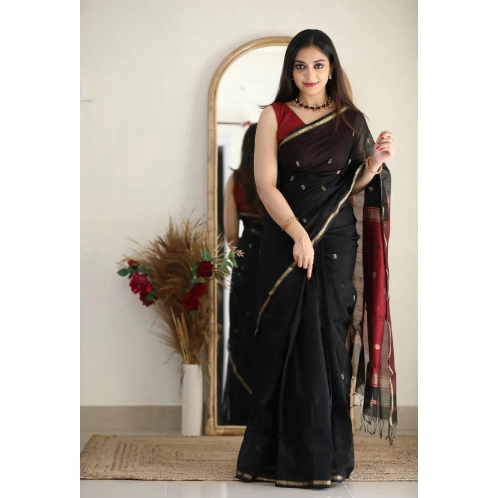 Women's Cotton Printed Saree With Unstitched Blouse 5.5Mtr (Black)