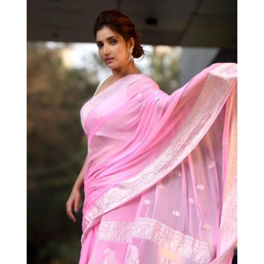 Women's Cotton Printed Saree With Unstitched Blouse 5.5Mtr (Pink)