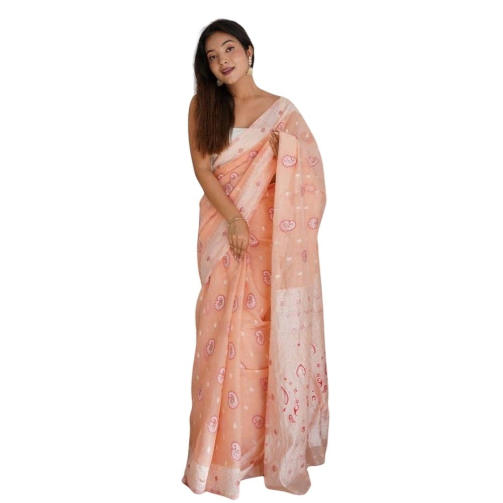 Women's Cotton Printed Saree With Unstitched Blouse 5.5Mtr (Peach)