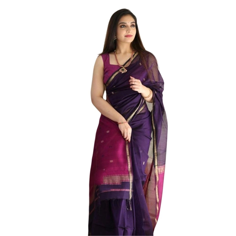 Women's Cotton Printed Saree With Unstitched Blouse 5.5Mtr (Navy Blue)