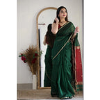 Women's Cotton Printed Saree With Unstitched Blouse 5.5Mtr (Dark Green)
