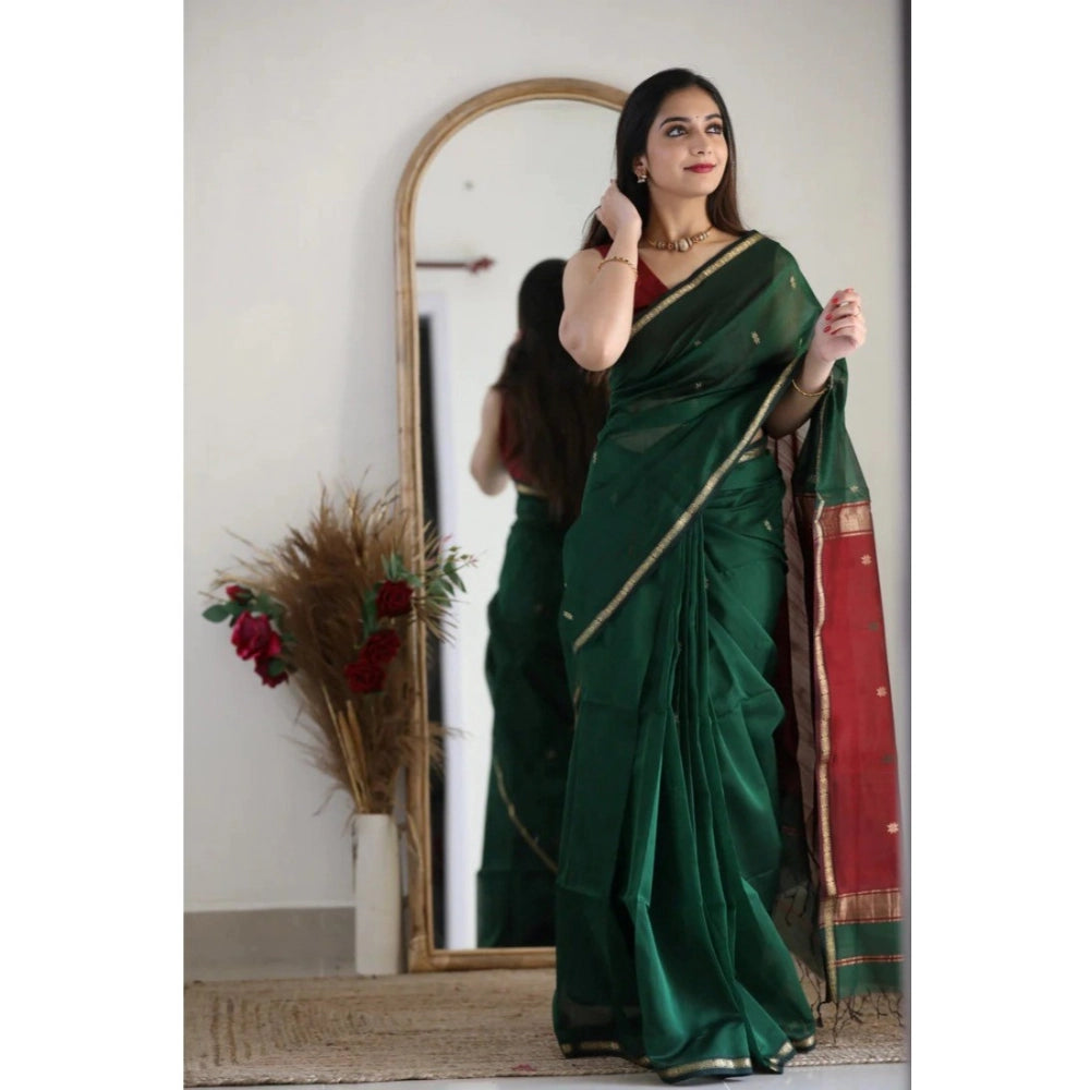 Women's Cotton Printed Saree With Unstitched Blouse 5.5Mtr (Dark Green)