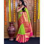 Women's Soft Lichi Silk Printed Saree With Unstitched Blouse 5.5Mtr (Green)