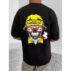 Men's Casual Cotton Blend Printed Round Neck Half Sleeve T-Shirt (Black)