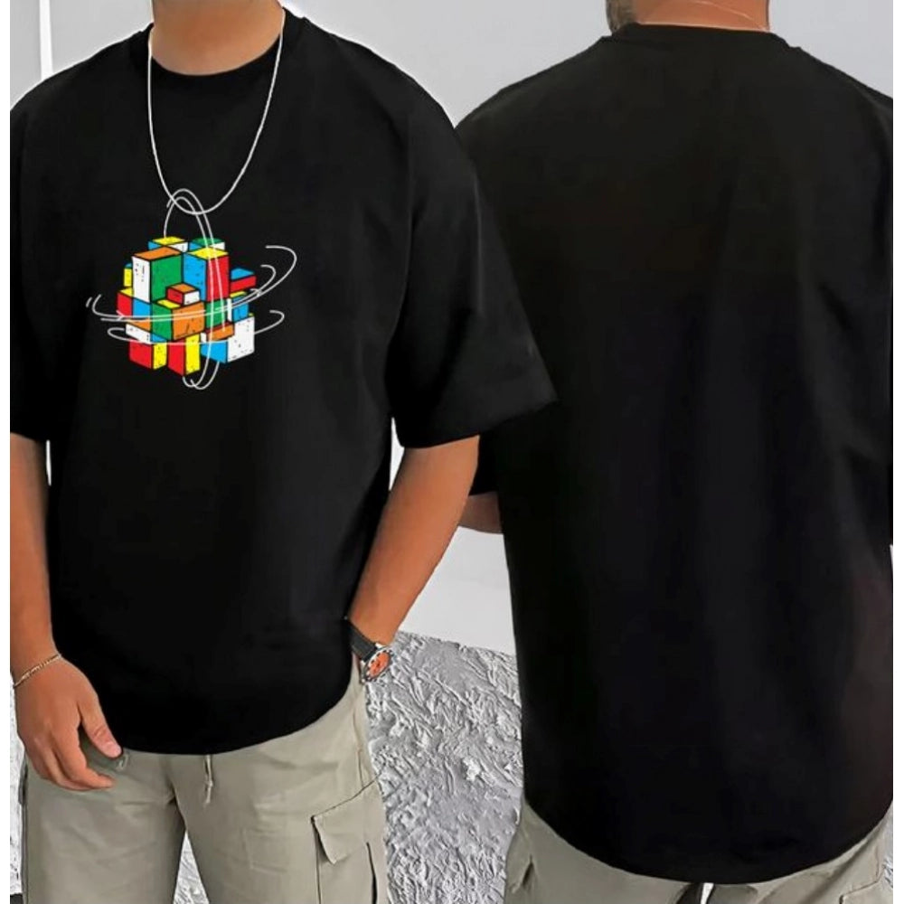Men's Casual Cotton Blend Printed Round Neck Half Sleeve T-Shirt (Black)