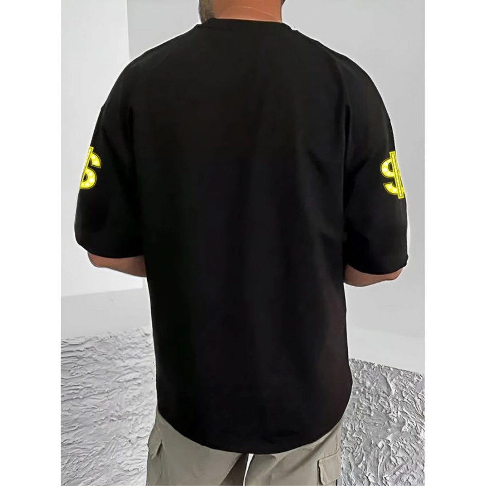 Men's Casual Cotton Blend Printed Round Neck Half Sleeve T-Shirt (Black)