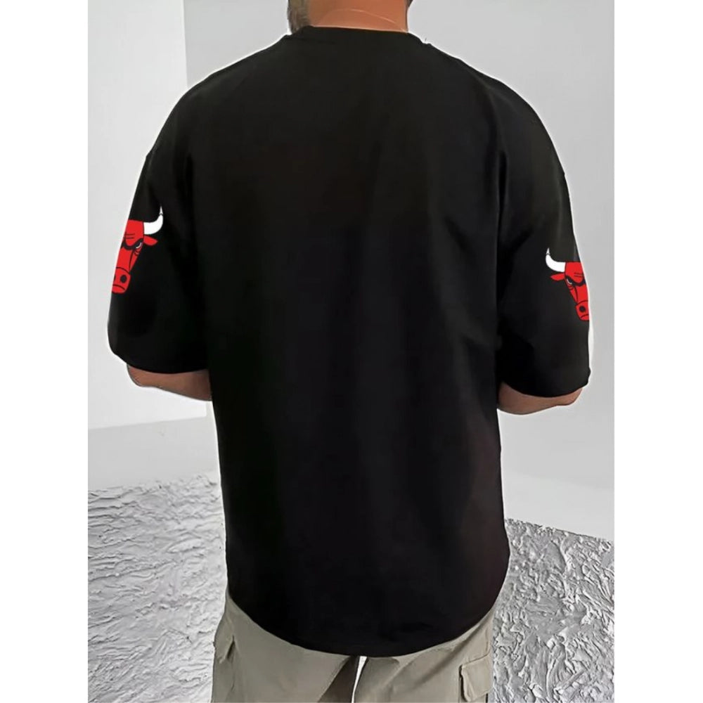 Men's Casual Cotton Blend Printed Round Neck Half Sleeve T-Shirt (Black)