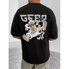 Men's Casual Cotton Blend Printed Round Neck Half Sleeve T-Shirt (Black)