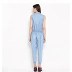 Women's Denim Solid Sleeveless Jumpsuit (Blue)