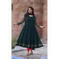 Women's Georgette Embroidery 3-4th Sleeve Round Neck Kurti with Dupatta Set (Green)