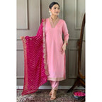 Women's Roman Silk Embroidery 3-4th Sleeve V-Neck Kurti With Pant Dupatta Set (Pink)