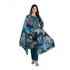 Women's Cotton Blend Printed Kurti With Pant Dupatta Set (Rama)