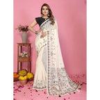 Women's Linen Cotton Printed Saree With Unstitched Blouse 5.5Mtr (Off White)