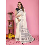 Women's Linen Cotton Printed Saree With Unstitched Blouse 5.5Mtr (Off White)