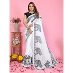 Women's Linen Cotton Printed Saree With Unstitched Blouse 5.5Mtr (White)