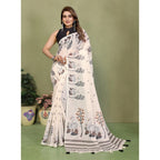 Women's Linen Cotton Printed Saree With Unstitched Blouse 5.5Mtr (Off White)