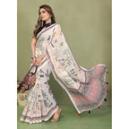 Women's Linen Cotton Printed Saree With Unstitched Blouse 5.5Mtr (Off White)