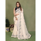 Women's Linen Cotton Printed Saree With Unstitched Blouse 5.5Mtr (Off White)