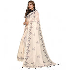 Women's Linen Cotton Printed Saree With Unstitched Blouse 5.5Mtr (Off White)