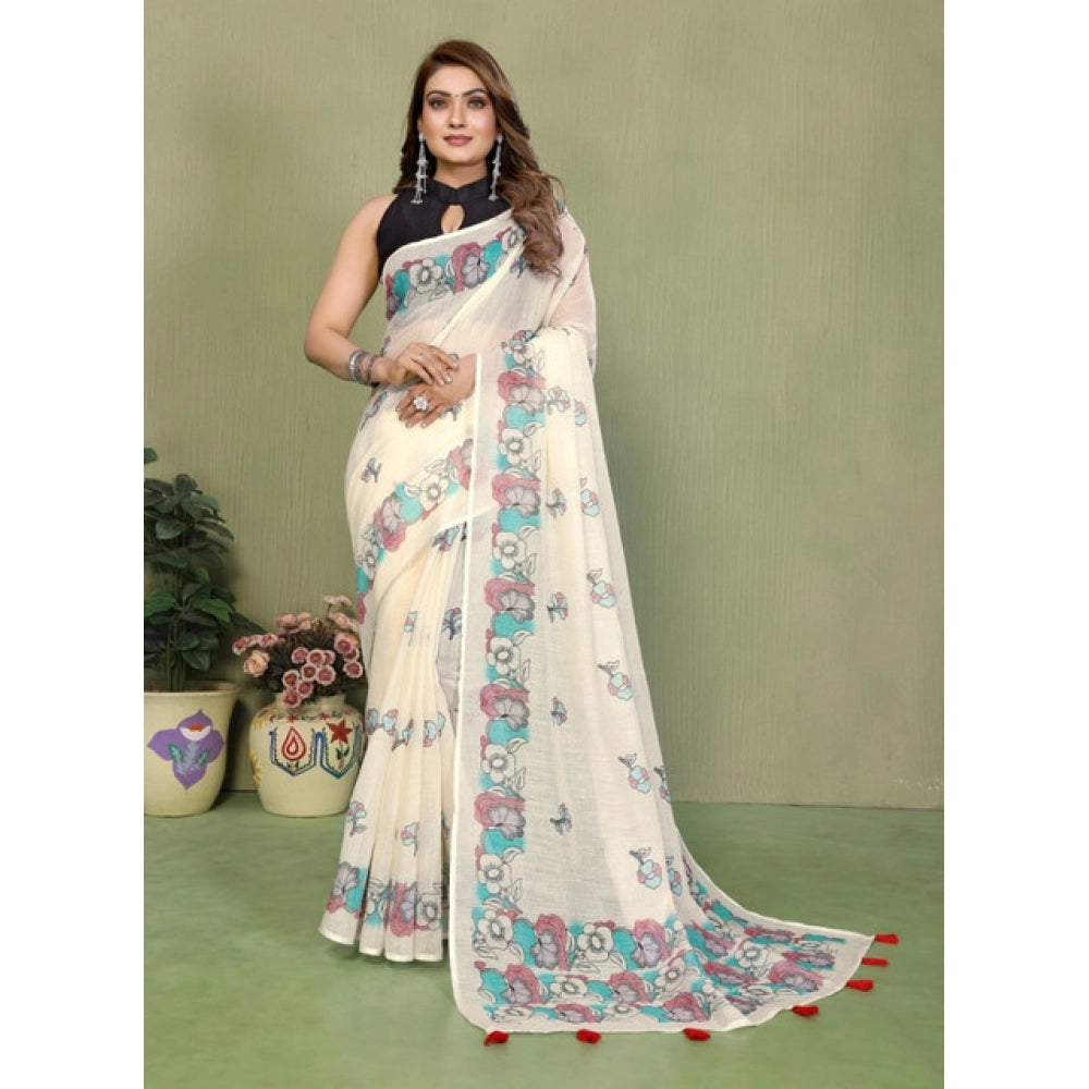 Women's Linen Cotton Printed Saree With Unstitched Blouse 5.5Mtr (Off White)
