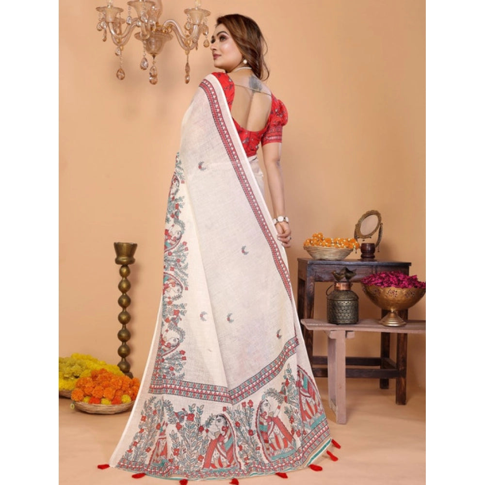 Women's Linen Cotton Printed Saree With Unstitched Blouse 5.5Mtr (Off White)