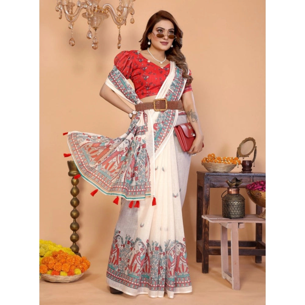 Women's Linen Cotton Printed Saree With Unstitched Blouse 5.5Mtr (Off White)