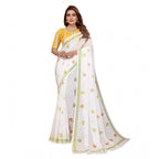 Women's Linen Cotton Printed Saree With Unstitched Blouse 5.5Mtr (White)