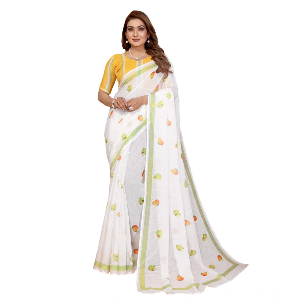 Women's Linen Cotton Printed Saree With Unstitched Blouse 5.5Mtr (White)