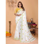 Women's Linen Cotton Printed Saree With Unstitched Blouse 5.5Mtr (White)