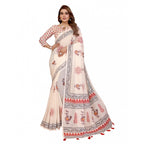 Women's Linen Cotton Printed Saree With Unstitched Blouse 5.5Mtr (Off White)