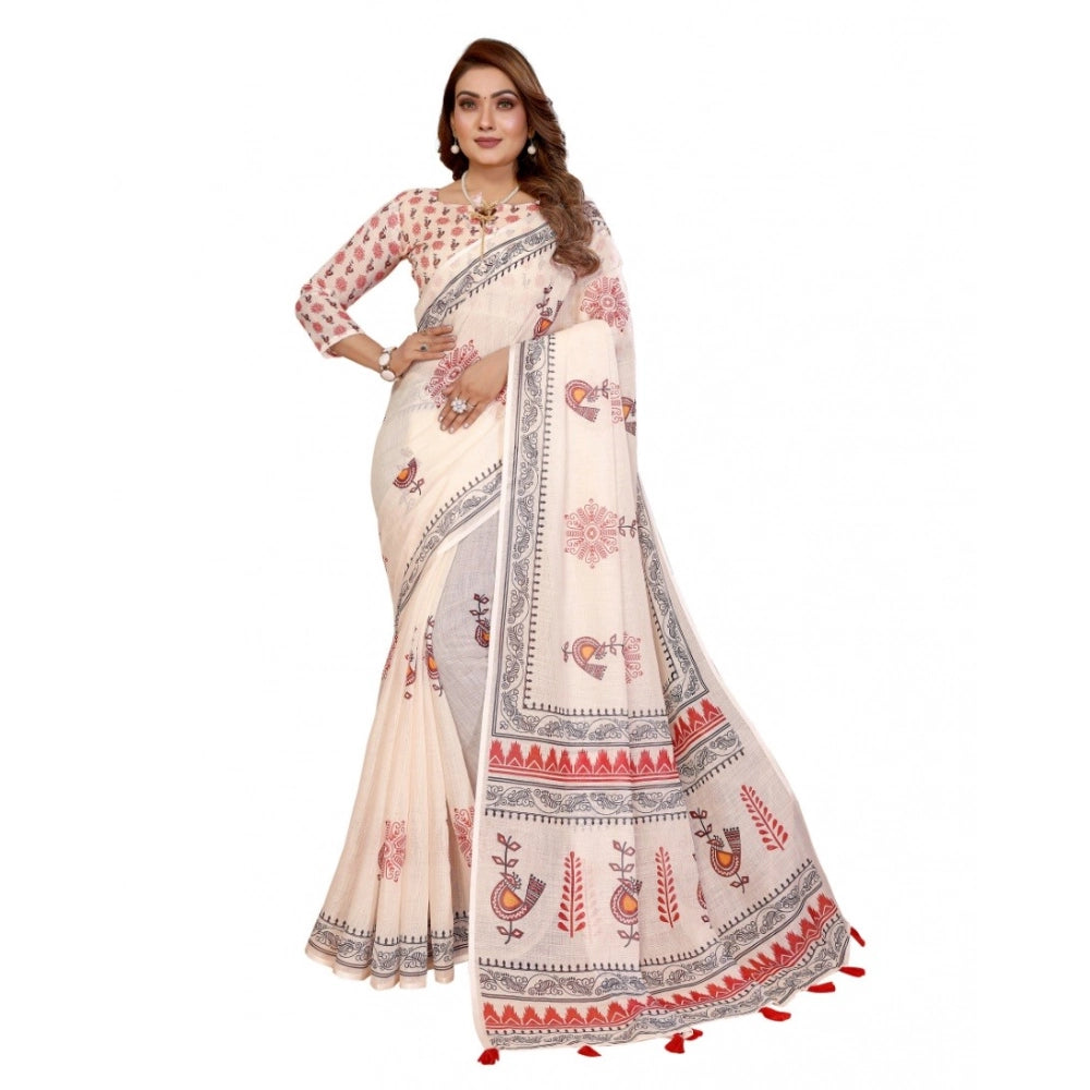 Women's Linen Cotton Printed Saree With Unstitched Blouse 5.5Mtr (Off White)