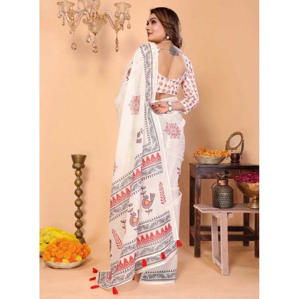 Women's Linen Cotton Printed Saree With Unstitched Blouse 5.5Mtr (Off White)