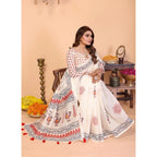 Women's Linen Cotton Printed Saree With Unstitched Blouse 5.5Mtr (Off White)