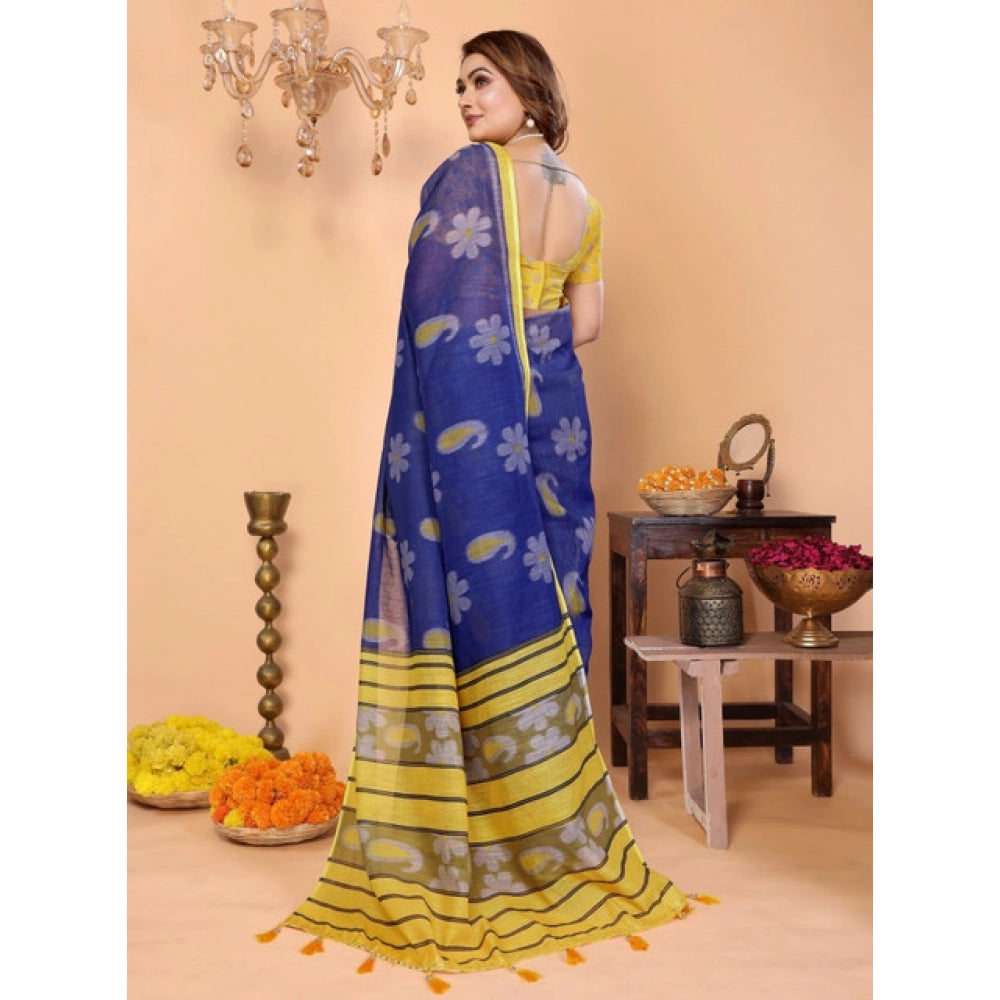 Women's Linen Cotton Printed Saree With Unstitched Blouse 5.5Mtr (Blue)